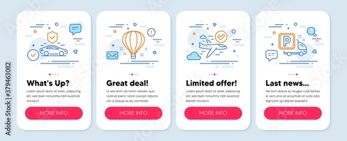 Set of Transportation icons, such as Air balloon, Confirmed flight, Transport insurance symbols. Mobile app mockup banners. Truck parking line icons. Vector