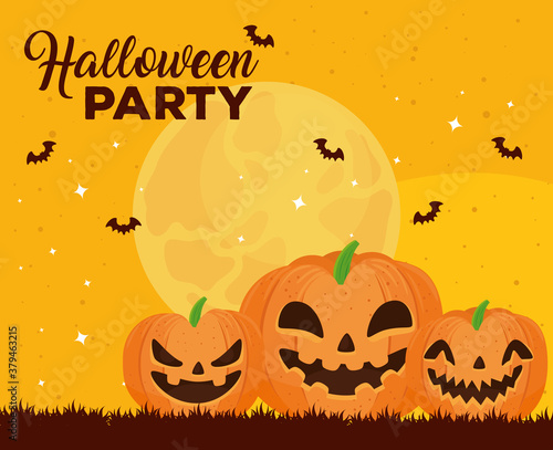 happy halloween banner with pumpkins and bats flying vector illustration design
