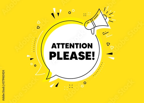 Attention please. Megaphone yellow vector banner. Special offer sign. Important information symbol. Thought speech bubble with quotes. Attention please chat think megaphone message. Vector