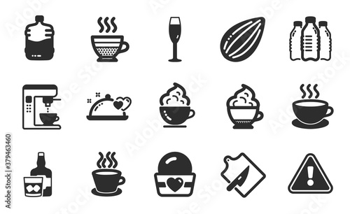 Cooler bottle, Cafe creme and Champagne glass icons simple set. Tea cup, Ice cream and Water bottles signs. Cappuccino, Coffee maker and Romantic dinner symbols. Flat icons set. Vector