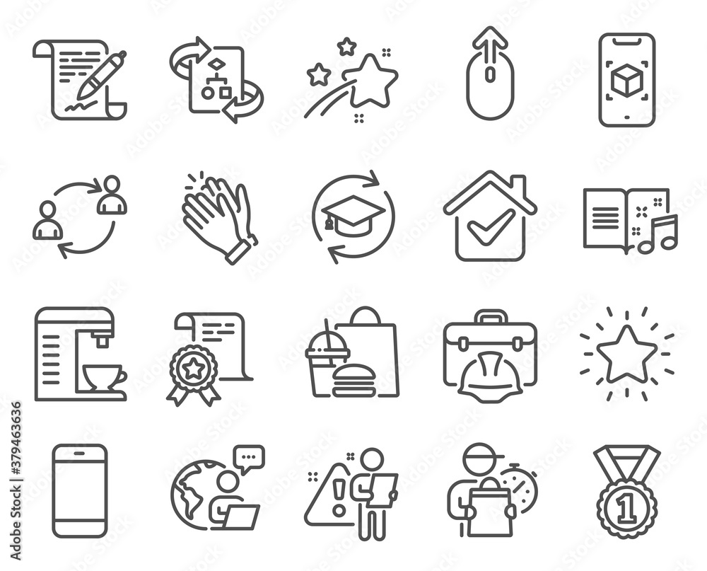 Business icons set. Included icon as Clapping hands, Best rank, Technical algorithm signs. Construction toolbox, Agreement document, Continuing education symbols. Music book, Certificate. Vector Business icons set. Included icon as Clapping hands, Best rank, Technical algorithm signs. Construction toolbox, Agreement document, Continuing education symbols. Music book, Certificate. Vector