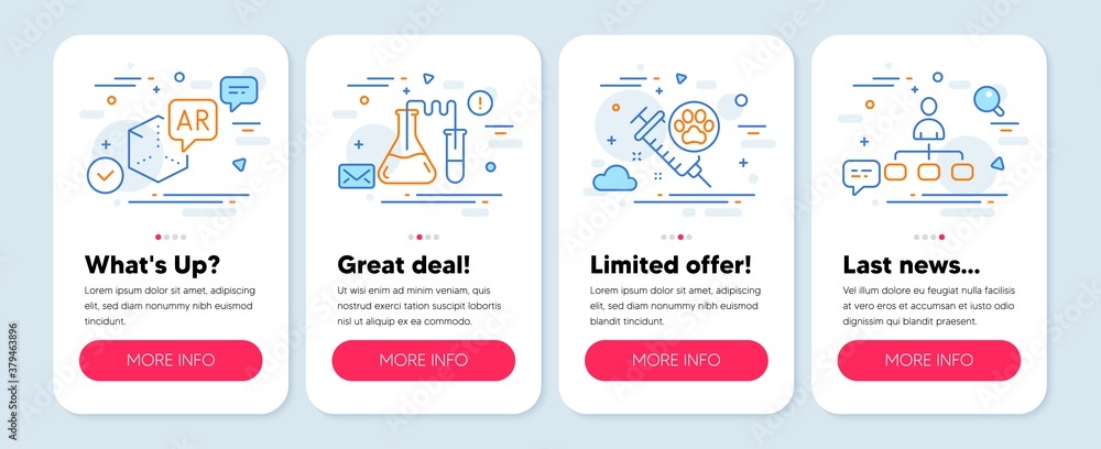 Set of line icons, such as Dog vaccination, Chemistry lab, Augmented reality symbols. Mobile app mockup banners. Management line icons. Pets medicine, Medical laboratory, Virtual reality. Vector