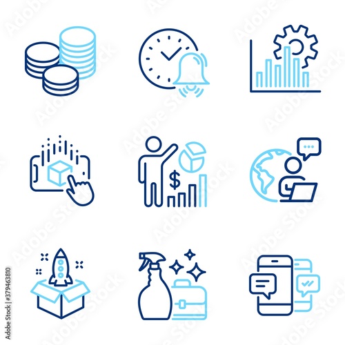 Business icons set. Included icon as Tips, Smartphone sms, Augmented reality signs. Alarm bell, Seo statistics, Startup symbols. Cleanser spray, Seo graph line icons. Line icons set. Vector