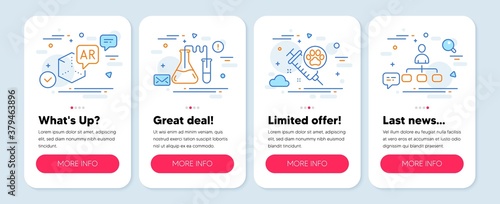 Set of line icons, such as Dog vaccination, Chemistry lab, Augmented reality symbols. Mobile app mockup banners. Management line icons. Pets medicine, Medical laboratory, Virtual reality. Vector