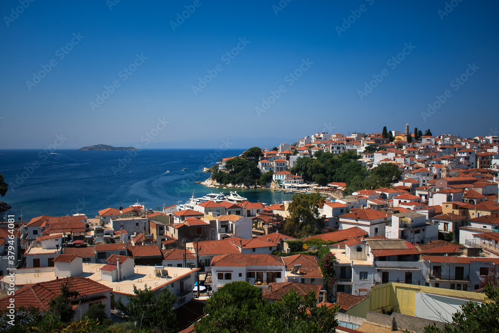 panoramic view of Skiathos town, Greece