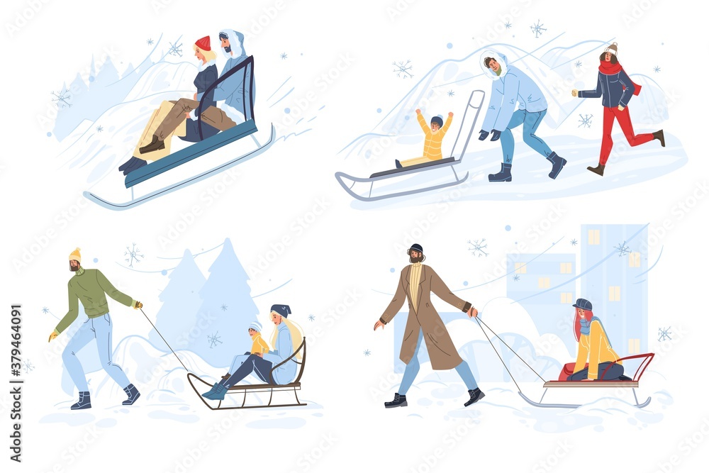 Happy people sledding have winter fun outdoor set. Young couple, parent children riding sled from slide. Snowy urban park or forest landscape. Winter weekend, holiday vacation family recreation