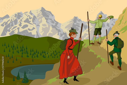 Vintage climbers vector illustration old Fashioned illustration of woman and man