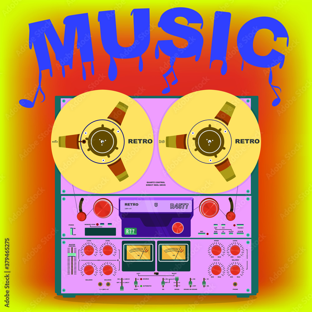 Vintage reel to reel tape recorder. Audio player. Color vector illustration in retro style.