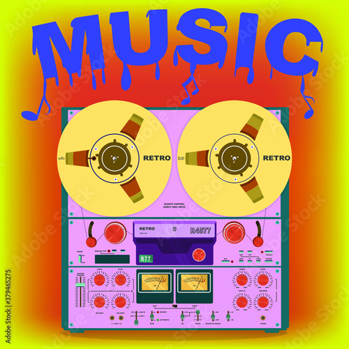 Vintage reel to reel tape recorder. Audio player. Color vector illustration in retro style.