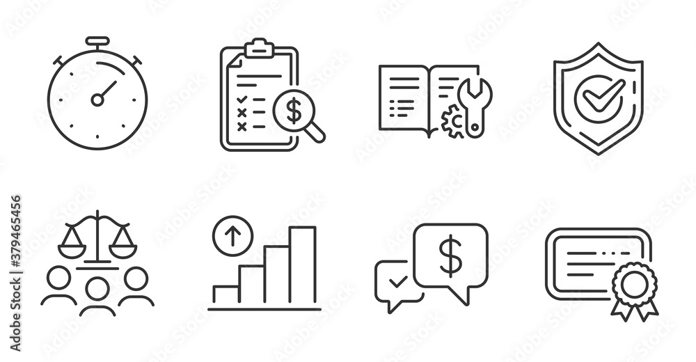 Confirmed, Engineering documentation and Payment received line icons set. Certificate, Timer and Graph chart signs. Accounting report, Court jury symbols. Accepted message, Manual, Money. Vector