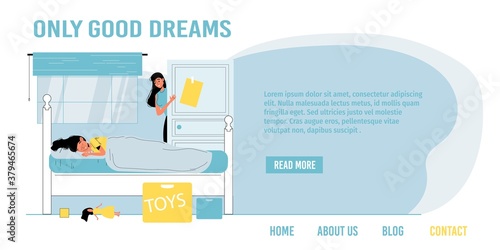 Correct day work night rest schedule. Little daughter character taking rest on side in bed, mother looking at adorable sleepy child. Family daily life. Good dream imagination landing page design