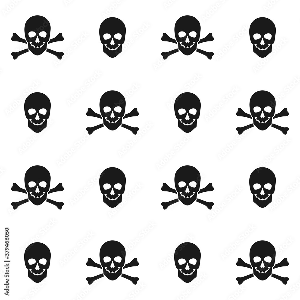Halloween seamless pattern with black skull crossbones on white background. Endless background, wallpaper, wrapping, packaging, texture, paper. Vector illustration in flat style. Halloween seamless pattern with black skull crossbones on white background. Endless background, wallpaper, wrapping, packaging, texture, paper. Vector illustration in flat style.