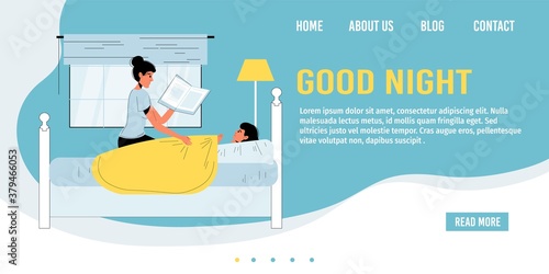 Mother reading fairytale story to child in evening. Bedtime. Mom putting daughter into bed. Family daily life schedule. Relationship, bonding. Parent kid communication. Good night landing page design
