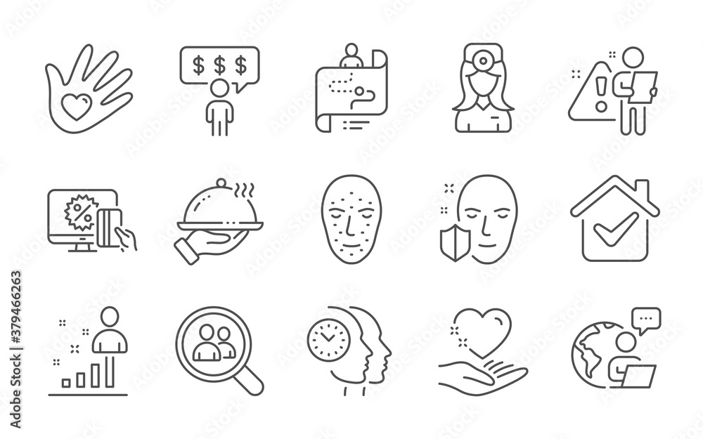 Hold heart, Search employees and Face biometrics line icons set. Oculist doctor, Stats and Journey path signs. Restaurant food, Face protection and Time management symbols. Line icons set. Vector Hold heart, Search employees and Face biometrics line icons set. Oculist doctor, Stats and Journey path signs. Restaurant food, Face protection and Time management symbols. Line icons set. Vector