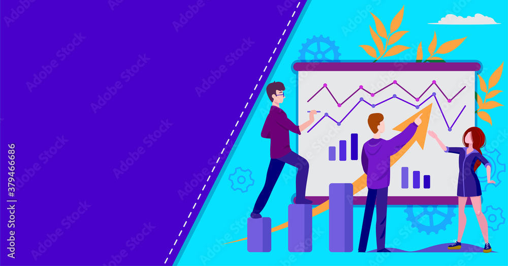 a team of workers examines charts and diagrams to develop a project and increase the company's income, teamwork of ambitious employees, a mockup for web pages on a blue violet background a team of workers examines charts and diagrams to develop a project and increase the company's income, teamwork of ambitious employees, a mockup for web pages on a blue violet background