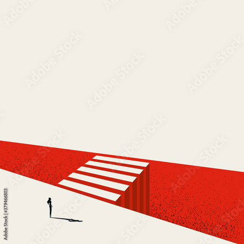 Business opportunity and decision vector concept with businesswoman standing next to crossing. Symbol of objective, goal, targets, challenge.