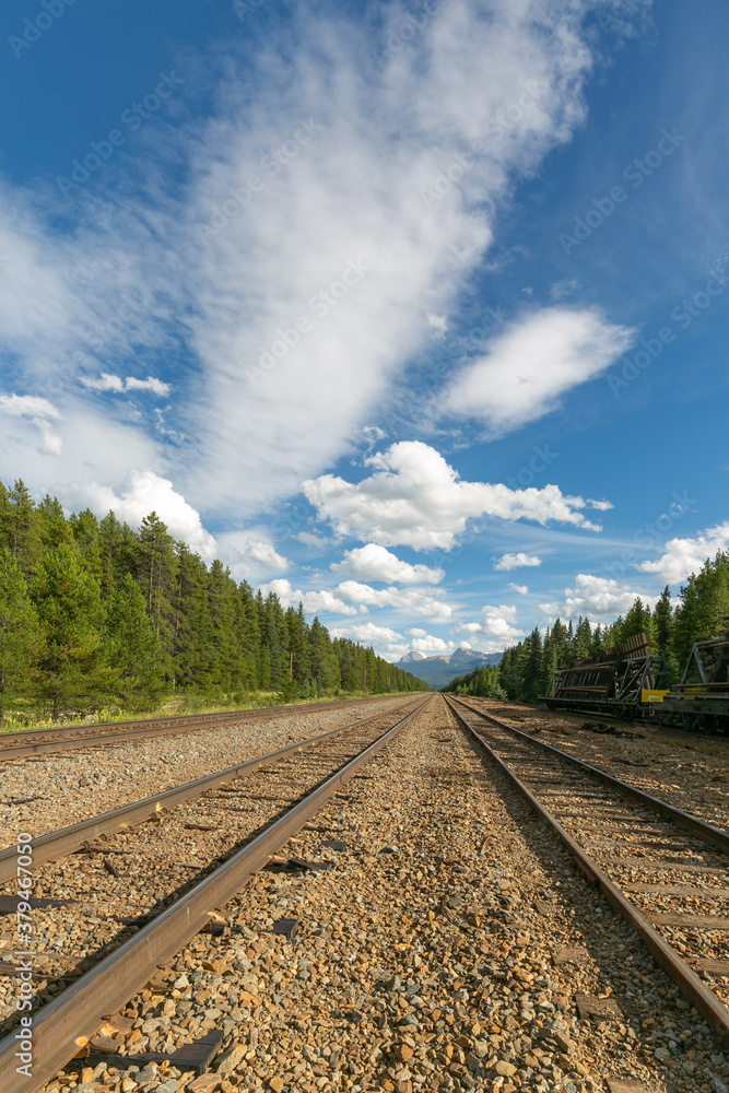 Fototapeta premium Railroad Tracks leading into distant snow capped mountains in Canada