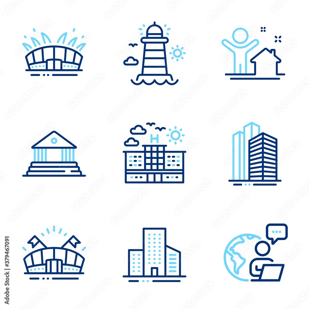 Buildings icons set. Included icon as New house, Lighthouse, Skyscraper buildings signs. Sports arena, Court building, Arena stadium symbols. Hotel, Buildings line icons. Line icons set. Vector
