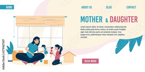 Mother daughter play toy sitting on floor. Happy motherhood, babysitting, child-rearing. Home kindergarten. Family recreation, spend time together, daily life. Landing page design template