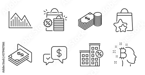 Shopping bags, Investment graph and Loyalty points line icons set. Loan house, Savings and Payment received signs. Atm money, Bitcoin think symbols. Quality line icons. Shopping bags badge. Vector