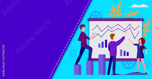 a team of workers examines charts and diagrams to develop a project and increase the company's income, teamwork of ambitious employees, a mockup for web pages on a blue violet background, eps 10 