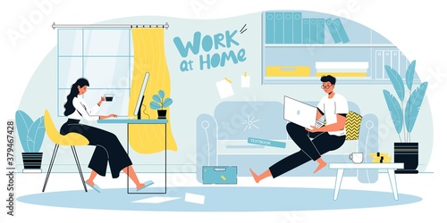 Man woman family couple enjoy remote work, business training course at home office workplace landing page design layout. Convenient workspace. Self employed people, flexible schedule concept
