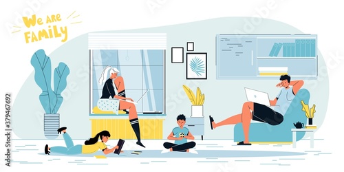 Happy family. Father mother freelancer working online on laptop. Daughter reading book, son playing toy on floor. Living room house interior. People stay at home. Domestic workplace, kid playground