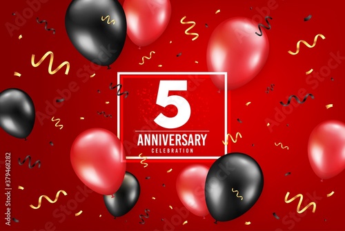 5 years anniversary. Anniversary birthday balloon confetti background. Five years celebrating icon. Celebrate red banner. Birthday party balloon background. Age in a frame box. Vector
