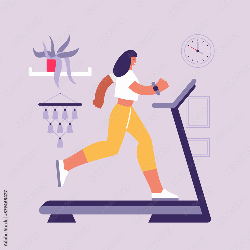 Fototapeta premium Cartoon active woman exercising on treadmill at home