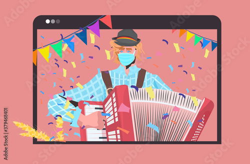 man in mask playing accordion Oktoberfest party festival celebration self isolation coronavirus pandemic concept web browser window portrait horizontal vector illustration