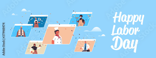 people of different occupations celebrating labor day men women in web browser windows discussing during video call online communication self isolation concept portrait horizontal vector illustration
