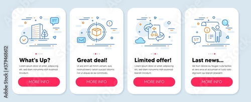Set of Industrial icons, such as Parcel tracking, Buildings, Technical algorithm symbols. Mobile app mockup banners. Manual doc line icons. Box in target, City architecture, Project doc. Vector