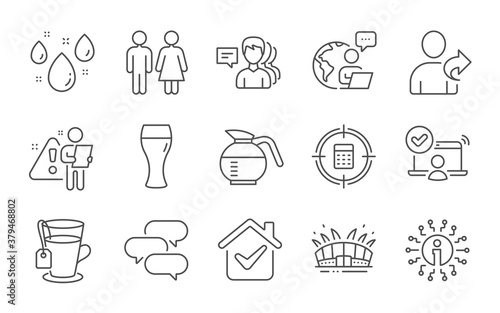 Talk bubble, Online access and Beer glass line icons set. Restroom, Refer friend and Rainy weather signs. People, Info and Calculator target symbols. Tea, Arena stadium and Coffeepot. Vector