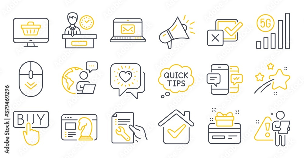 Set of Technology icons, such as Presentation time, Loyalty card, Web shop symbols. Friends chat, 5g wifi, Scroll down signs. Buying, Quick tips, Repair document. Smartphone sms, Megaphone. Vector Set of Technology icons, such as Presentation time, Loyalty card, Web shop symbols. Friends chat, 5g wifi, Scroll down signs. Buying, Quick tips, Repair document. Smartphone sms, Megaphone. Vector