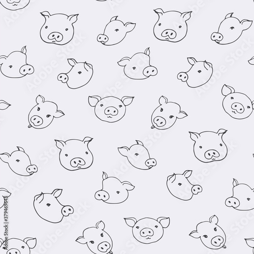 Seamless hand drawn vector pattern with cute little funny pigs heads.