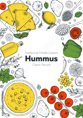 Hummus cooking and ingredients for hummus, sketch illustration. Middle eastern cuisine frame. Healthy food, design elements. Hand drawn, package design. Mediterranean food. Vegan menu