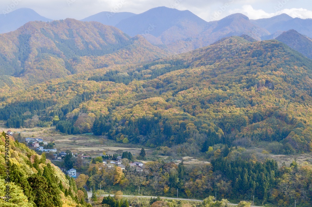 Mountains surrounding a small town in Yamadera Japan