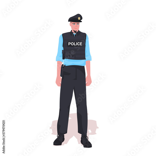 policeman in tactical gear riot police officer standing pose protesters and demonstration control concept full length vector illustration