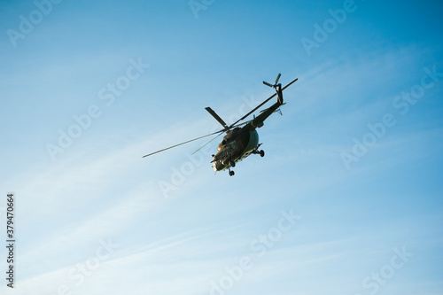 Military helicopter flying during exercise
