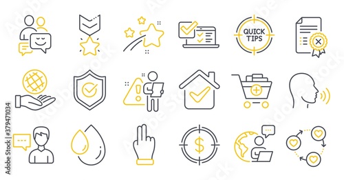 Set of Business icons, such as Person talk, Human sing, Dollar target symbols. Safe planet, Oil drop, Communication signs. Winner medal, Approved shield, Friends community. Tips. Vector