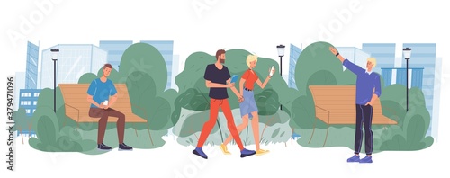 People look at gadget screen on walk in urban park. Man woman couple walking using smartphone meeting friend. Guy surfing internet sitting on bench. Internet technology communication addiction