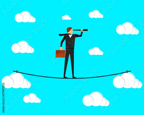 A businessman tightrope walker walks on a tightrope between the clouds and looks through a spyglass. Vector illustration.