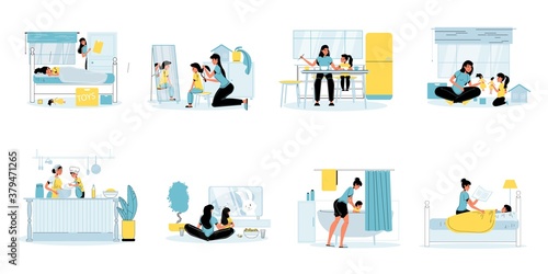 Mother daughter day spending. Parent child pastime. Mom waking up, doing hair, bathing, putting into bed kid. Mum girl eating, playing, cooking, watching tv together Family activity scene set