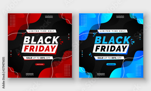 Black Friday limited offer sale banner. Social media post with Square flyer, poster, web ads design. Red, black and blue color with gradient dark background template