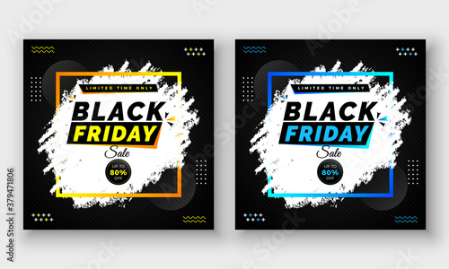 Black Friday limited offer sale banner. Social media post with Square flyer, poster, web ads design. Red, black and blue color with gradient dark background template