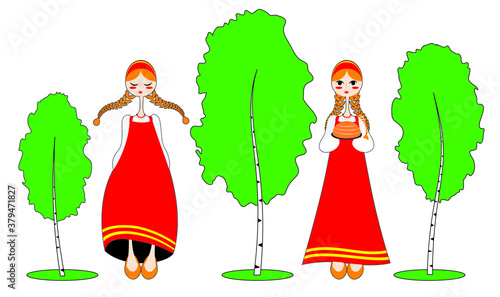 Russian girl in a traditional red sarafan and kokoshnik, white shirt and sandals holding a national treat - bread, vector illustration