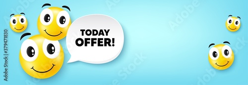Today offer symbol. Smile face with speech bubble. Special sale price sign. Advertising discounts symbol. Smile character. Today offer speech bubble icon. Smiley face background. Vector