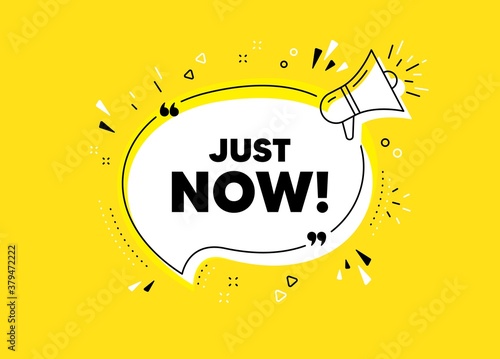 Just now symbol. Megaphone yellow vector banner. Special offer sign. Sale. Thought speech bubble with quotes. Just now chat think megaphone message. Infographics yellow background. Vector