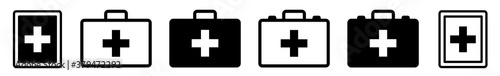 First Aid Kit Icon Black | Emergency Box Illustration | Medical Help Symbol | Paramedic Bag Logo | Cross Sign | Isolated | Variations