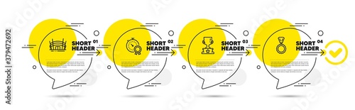 Best result, Arena stadium and Winner cup line icons set. Timeline infograph speech bubbles. Medal sign. Timer award, Competition building, Award cup. Winner. Sports set. Vector